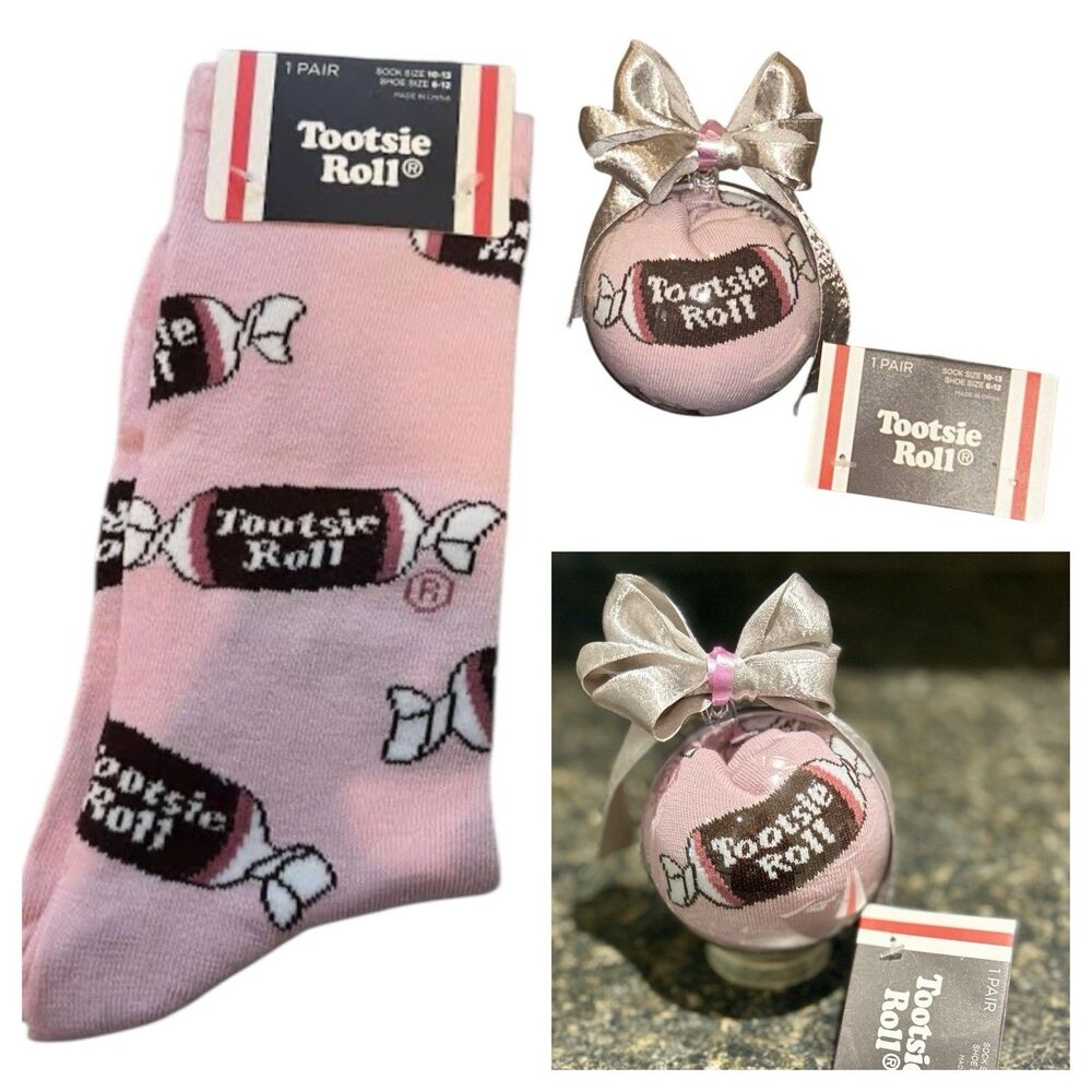 Tootsie Roll 1 Pair Crew Socks In A Christmas Ornament Size 6-12